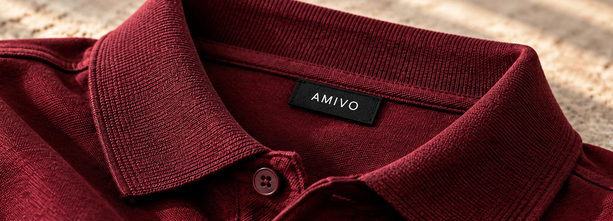 AMIVO polo collar, neck label and fabric details