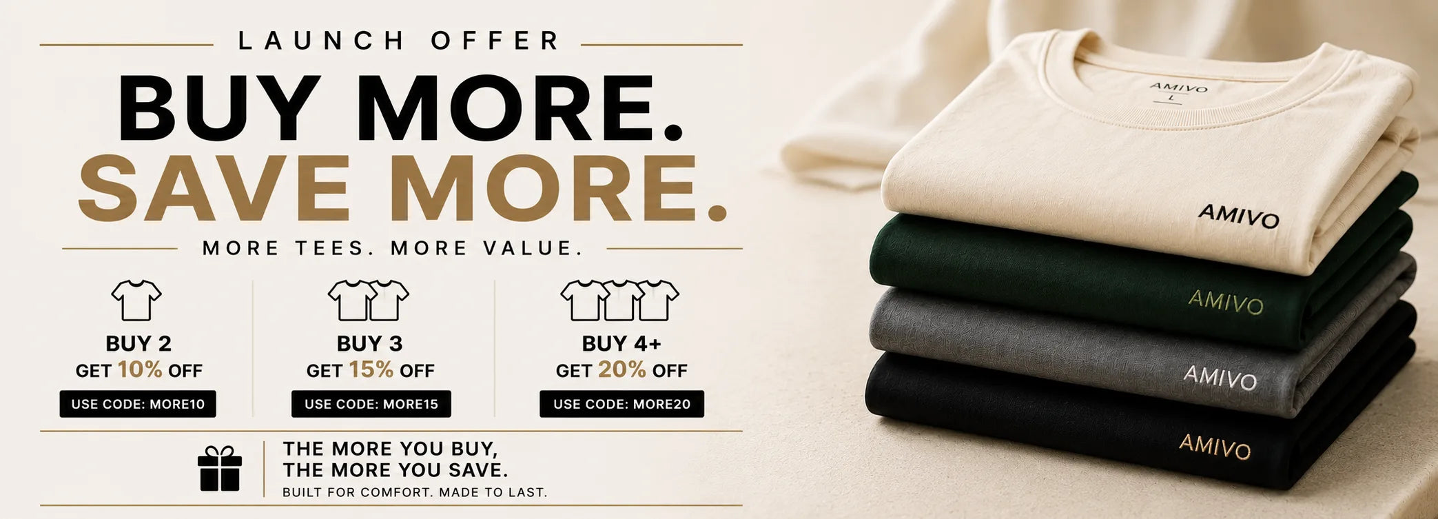 Promotional banner for Amivo tees showing a stack of folded t-shirts in cream, dark green, and black on the right, alongside large sale text on the left: 'Launch Offer Buy More. Save More.