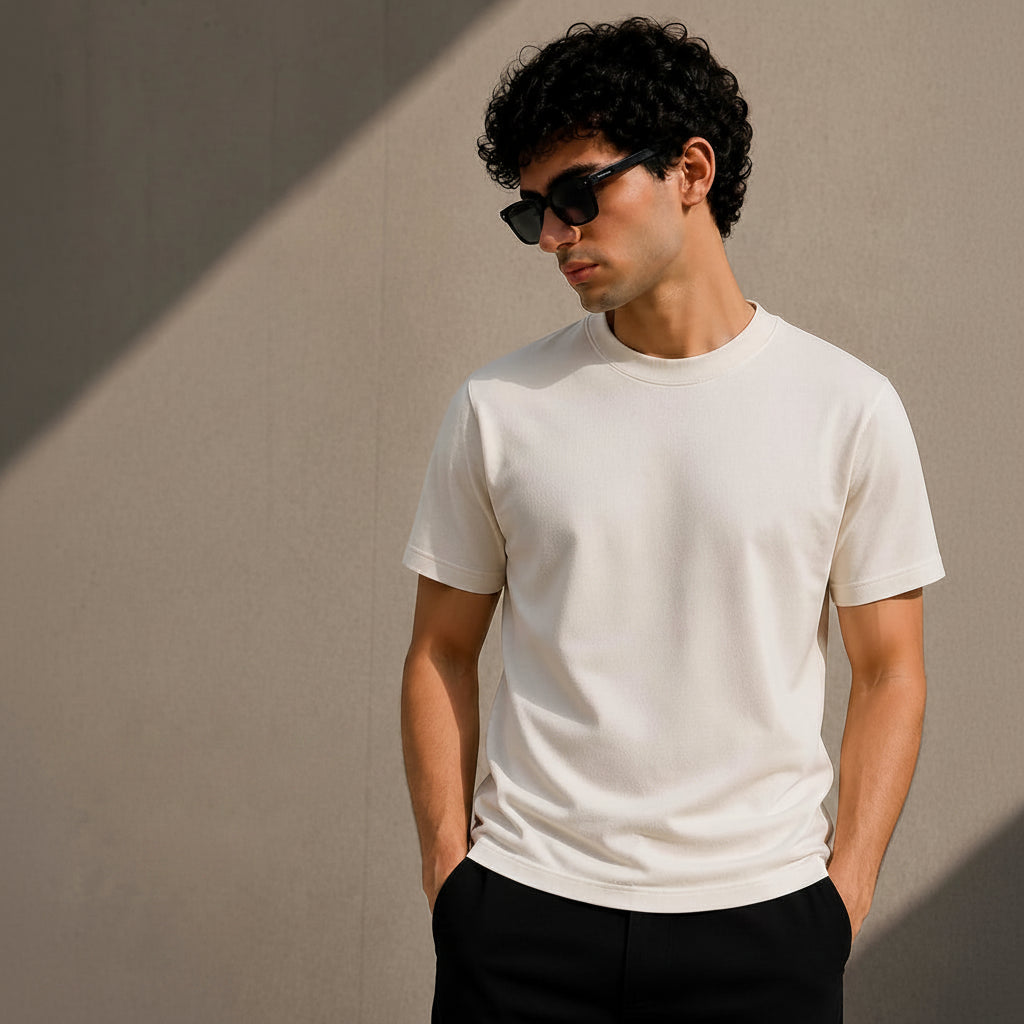 A man wearing a plain crew-neck t-shirt in off-white, styled with black pants and sunglasses, standing against a textured concrete wall with diagonal shadows. Text on the left reads 'CREW NECK T-SHIRT' with a 'SHOP NOW' button below.