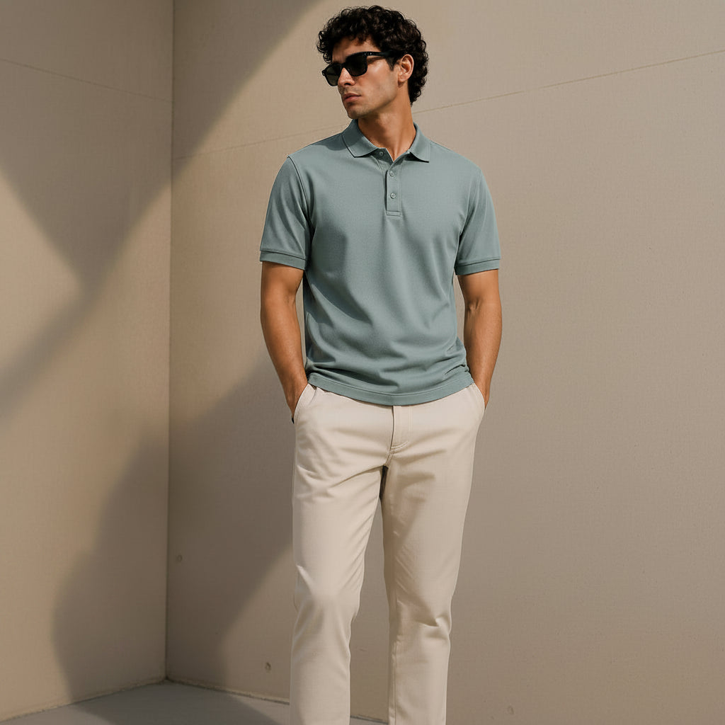 A man wearing a muted blue-green polo shirt and light beige trousers, standing against a beige wall with text on the left that reads 'POLO' and 'Sharp look. Everyday comfort.